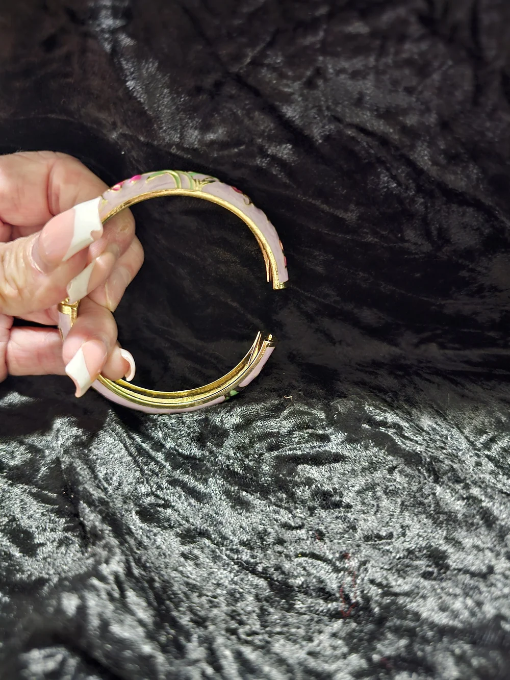 Gold-Tone Pink Floral Enamel Hinged Bangle Bracelet